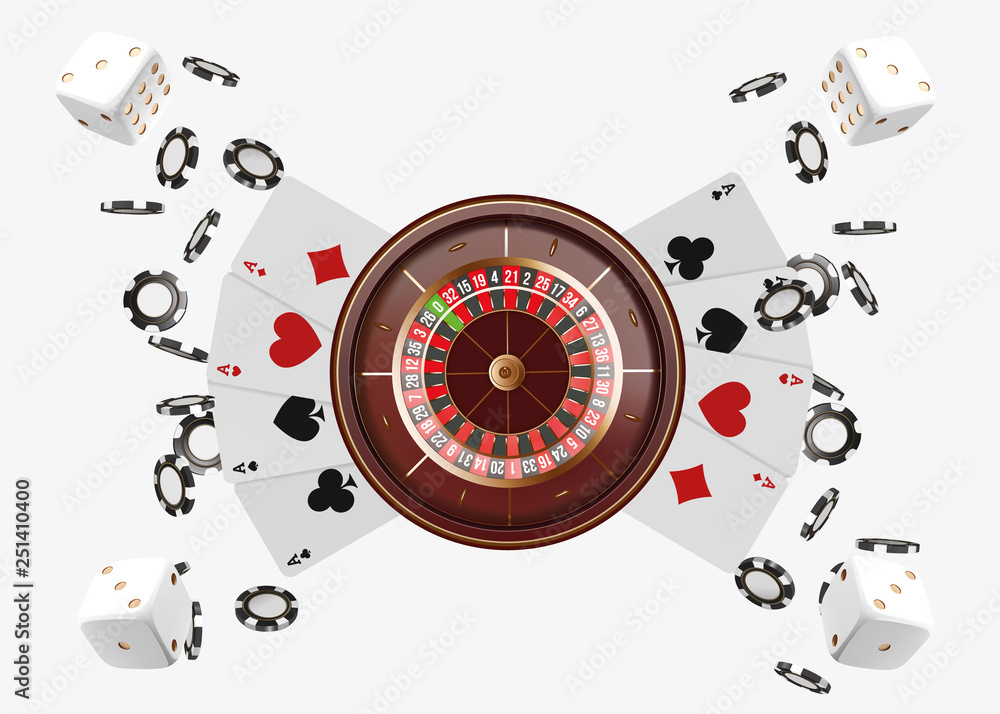 Casino background roulette wheel with playing cards, dice and chips. Online  casino poker table concept design. Top view of white dice and chips on blue  background. Casino sign. 3d vector illustration Stock