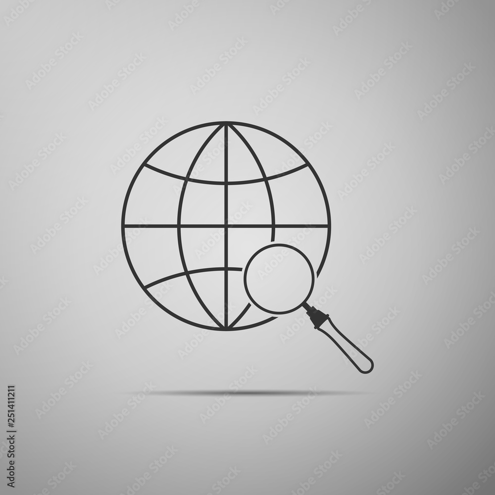 Magnifying glass with globe icon isolated on grey background. Analyzing the world. Global search sign. Flat design. Vector Illustration Magnifying glass with globe icon isolated on grey background. Analyzing the world. Global search sign. Flat design. Vector Illustration