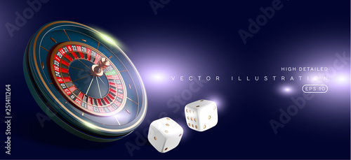 Casino roulette wheel isolated on blue background. 3d realistic vector illustration. Online poker casino roulette gambling concept design.