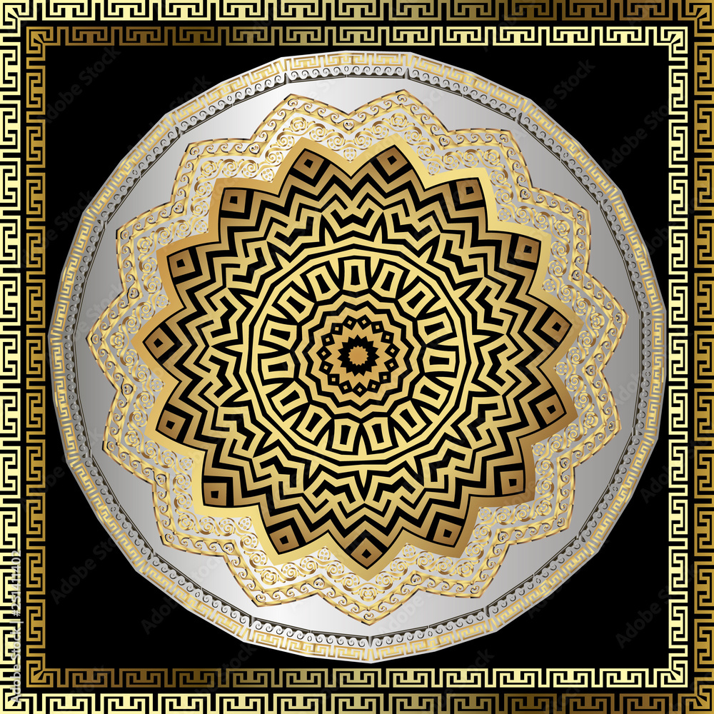 Ornamental vector round mandala pattern. Floral background. Geometric greek key meanders circle ancient ornament with square frames. Zigzag shapes, lines, waves. Elegance decorative mandala design