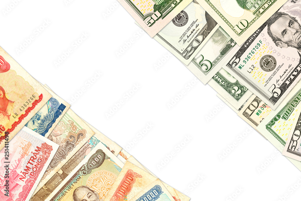 some vietnamese dong bank notes and us-dollar bank notes with copyspace indicating trade relations some vietnamese dong bank notes and us-dollar bank notes with copyspace indicating trade relations