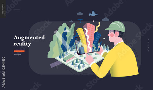 Technology 1 -Augmented reality, modern flat vector concept digital illustration -augmented reality metaphor - man with tablet. Creative landing web page design template