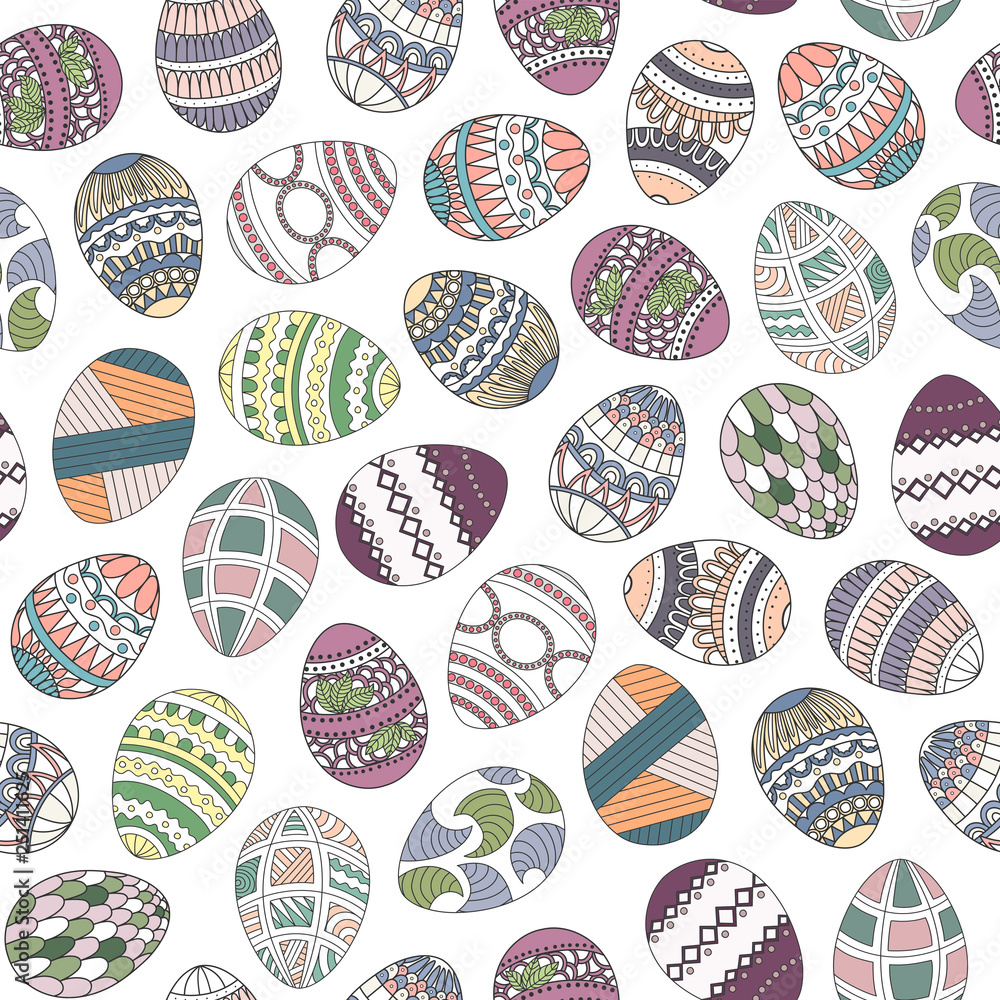 Happy Easter seamless pattern. Painted painted eggs on white background. Colorful background. Vector illustration. Happy Easter seamless pattern. Painted painted eggs on white background. Colorful background. Vector illustration.