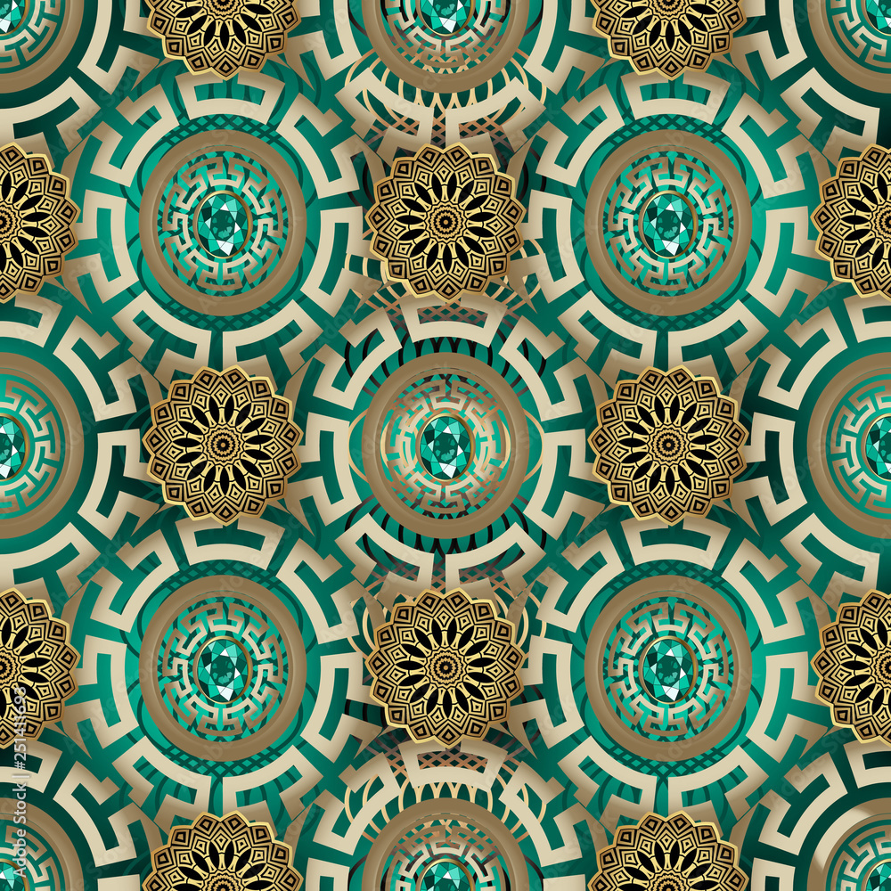 Ornate greek jewelry vector seamless pattern. Ornamental modern background. Repeat patterned geometric backdrop. Beautiful ancient greek key meanders mandala ornaments. Vintage design with gemstones.