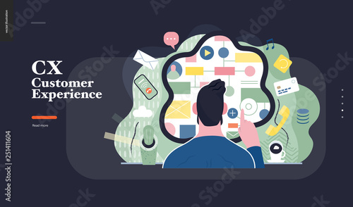 Technology 1 -CX customer experience - modern flat vector concept digital illustration of user or customer experience, a user in front of interface. Creative landing web page design template