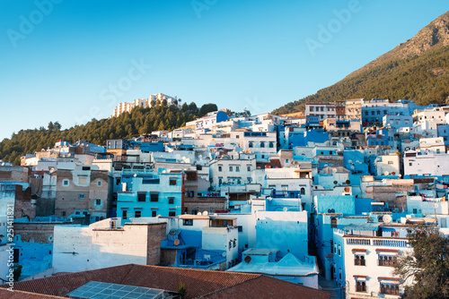 Chefchaouen - blue city of Morocco. Beautiful view from the roof top on an old medina of Chefchaouen