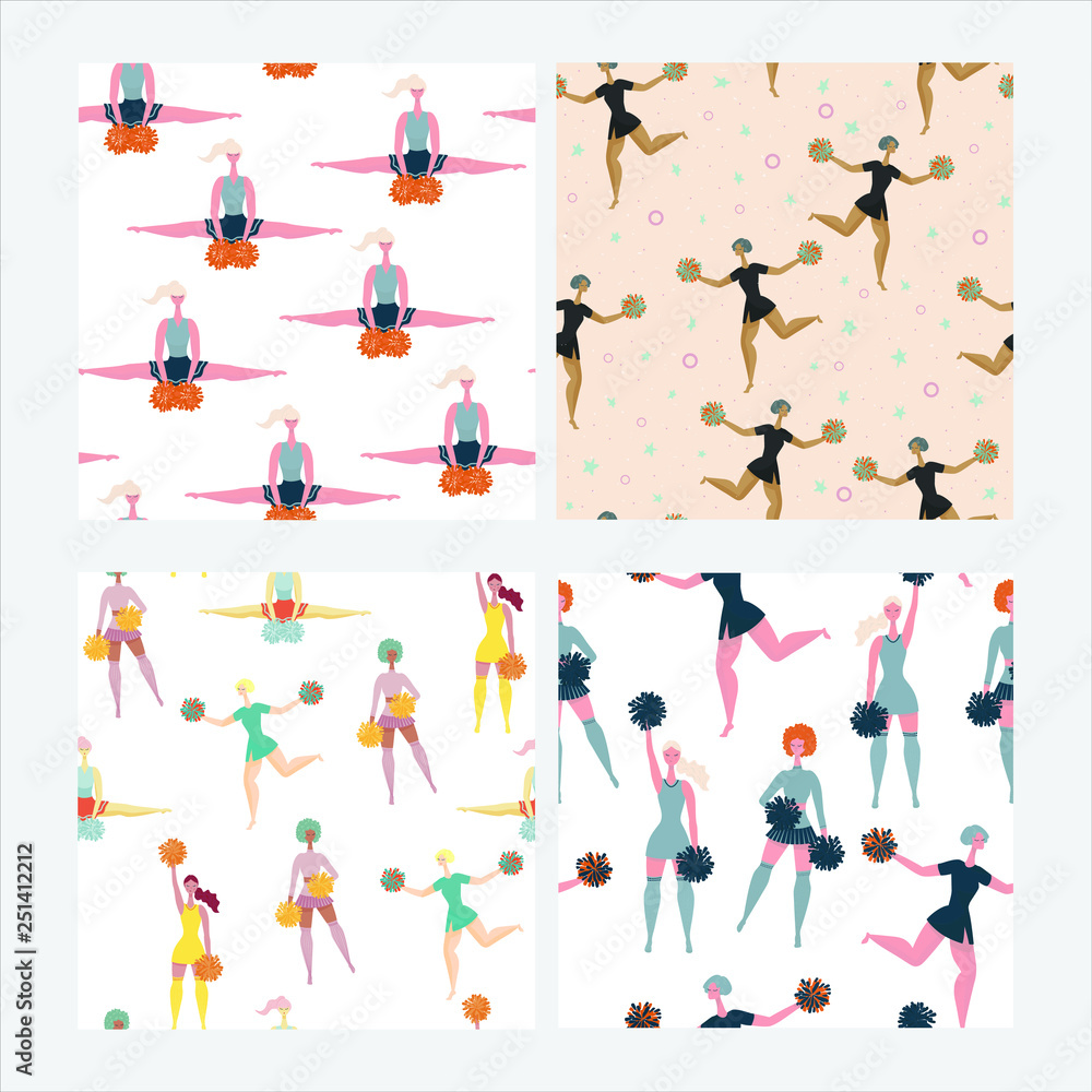 4 seamless patterns with chearleader girls