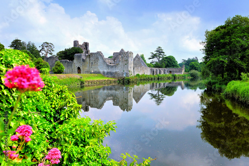 Medieval Desmond Castle, Ireland with river reflections and flowers, Adare, County Limerick photo