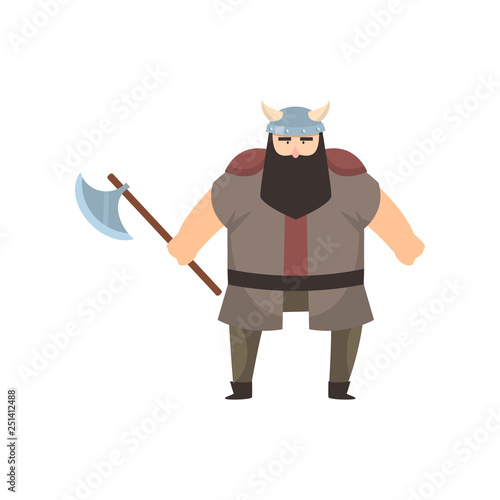 Male viking with strong physique and bellicose air stands holding battle-axe over white background