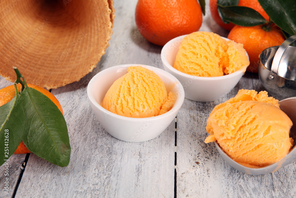 scoop of tangarine orange ice cream. delicious icecream set scoop of tangarine orange ice cream. delicious icecream set