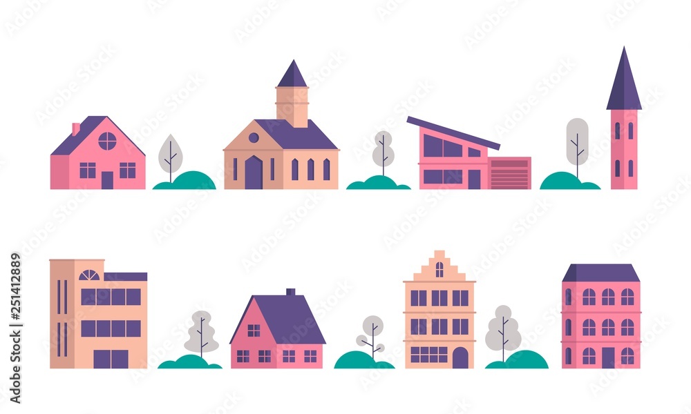 Minimal flat geometric cityscape illustration. City landscape with buildings and trees, vector in simple style. Abstract background for banners, header images, covers and websites