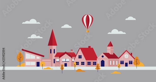 Minimal cityscape. City landscape with buildings, lakes and trees. Vector illustration in simple geometric flat style and abstract background for covers, header images, banners and websites