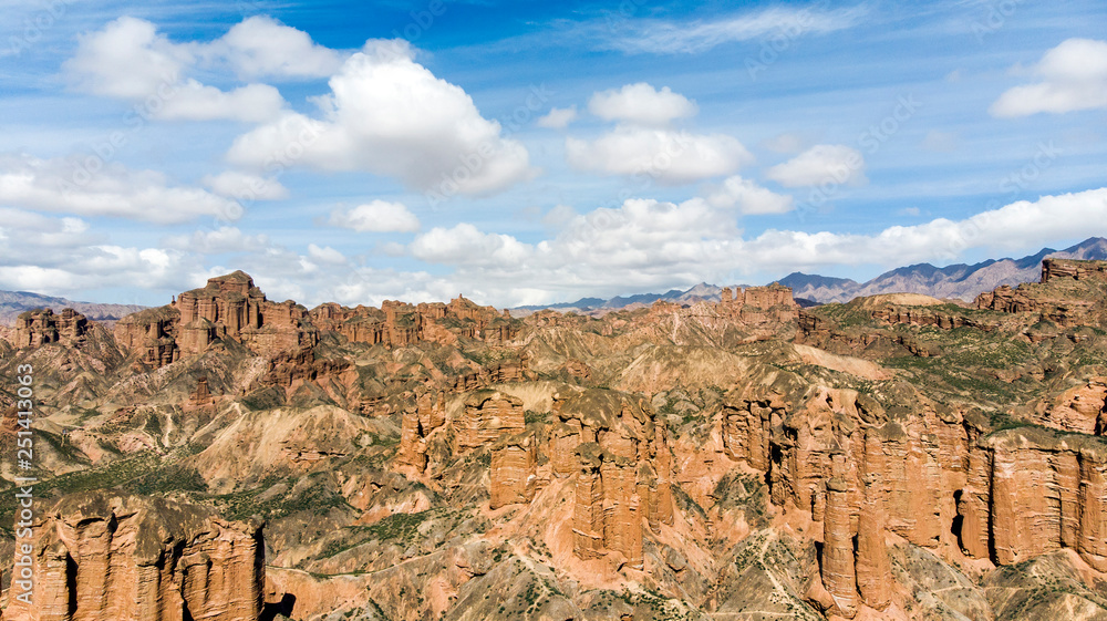 Binggou Danxia Canyon Landform. Red Sandstone Rocks in the Geopark.