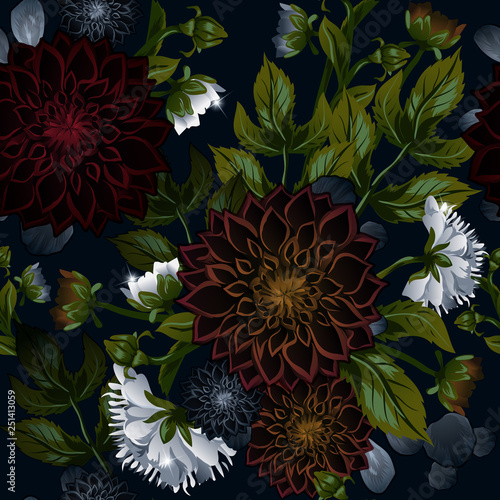 Modern trendy seamless floral pattern of burgundy dahlias and white peonies.