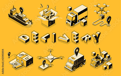 Delivery business line art, isometric vector banner. Goods shipping, postal company, home removal service, cargo and freights transportation, commercial logistics technologies illustration collection