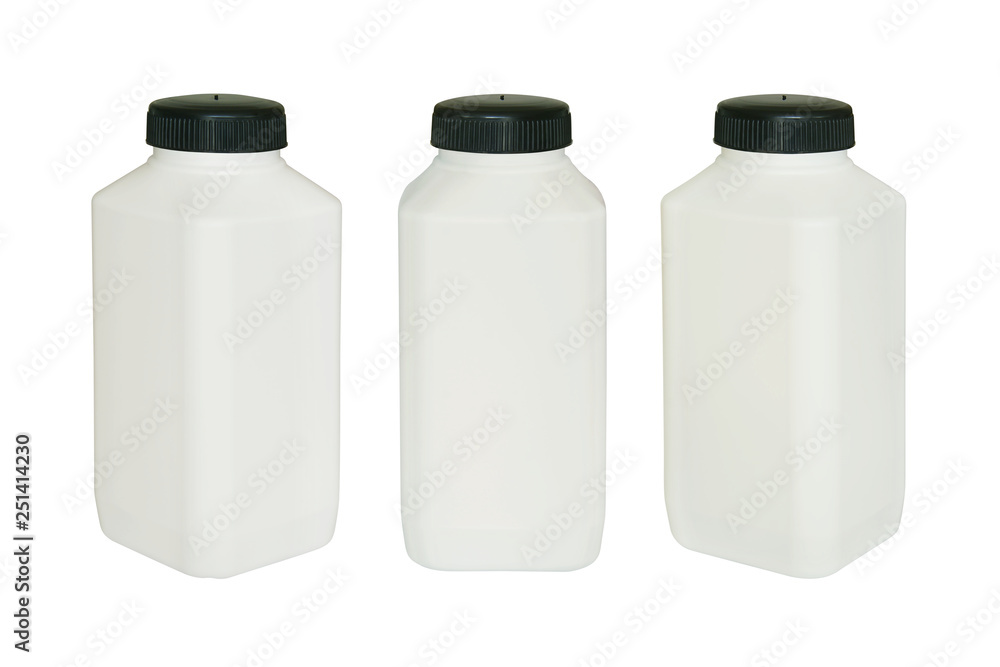 White Square Plastic Bottle with Black Lid Isolated on White Background White Square Plastic Bottle with Black Lid Isolated on White Background