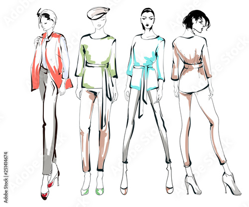 Stylish fashion models. Pretty young girls. Fashion womans Sketch
