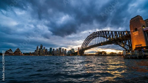 4K Cinematic Time Lapse Footage of Sydney Harbour Bridge in Australia, taken during cloudy sunset.