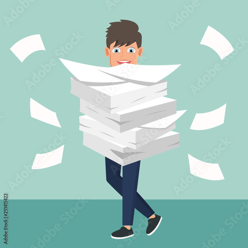 Businessman holds pile of office papers and documents. Documents and file. Routine, bureaucracy, big data, paperwork, office. Vector illustration in flat style