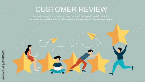 Concept of feedback, testimonials messages and notifications. Rating on customer service illustration. Five big stars with people sitting on them and giving reviews on their lap tops. Flat vector
