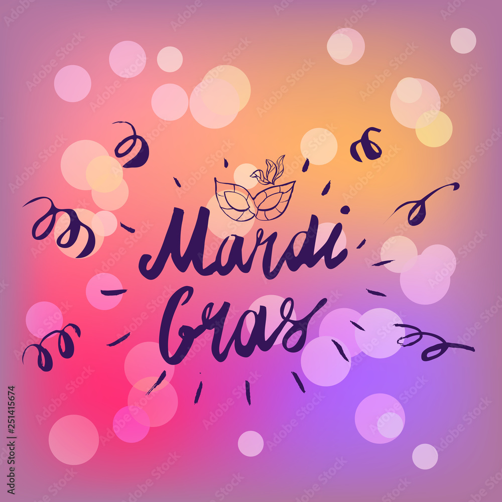 Mardi Gras hand drawn lettering and mask for Brasil carnaval, Carnival, Spain carnival masquerade festival concept for celebration template poster, banner, logo, icon, printing. Vector isolated