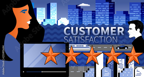 Concept of feedback, testimonials messages and notifications. Rating on customer service illustration. Five big stars on urban background. Flat vector