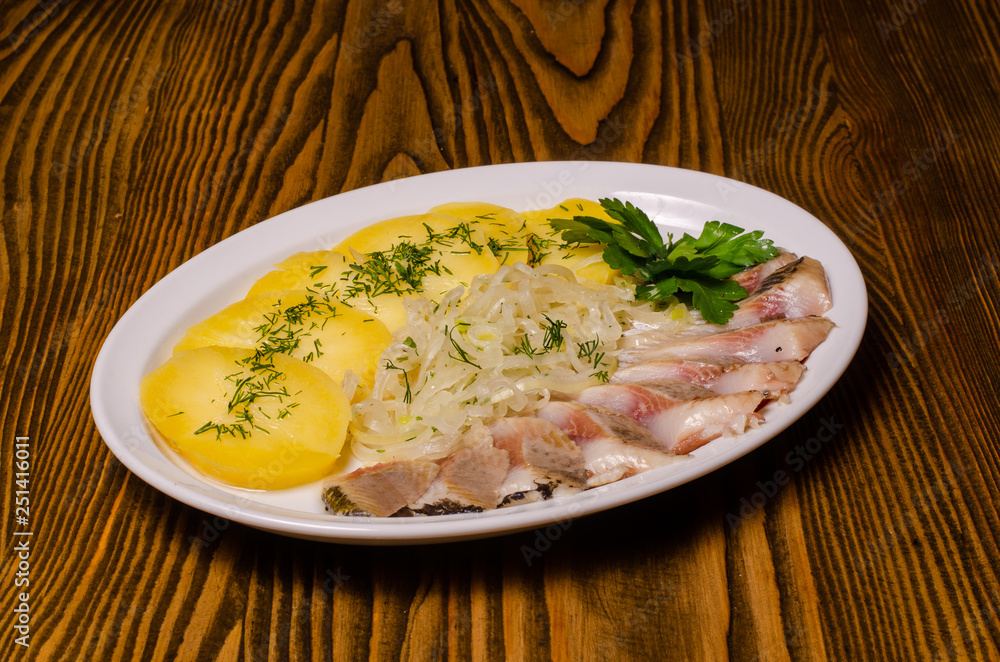 Salted Fish with Boiled Potato and Pickled Onions Salted Fish with Boiled Potato and Pickled Onions