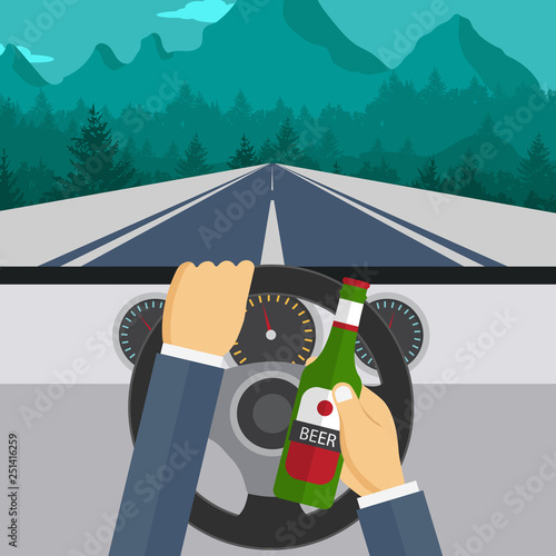 Man drinking beer and driving car. Drinking alcohol and driving concept. Flat vector illustration