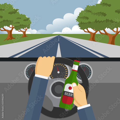 Man drinking beer and driving car. Drinking alcohol and driving concept. Flat vector illustration