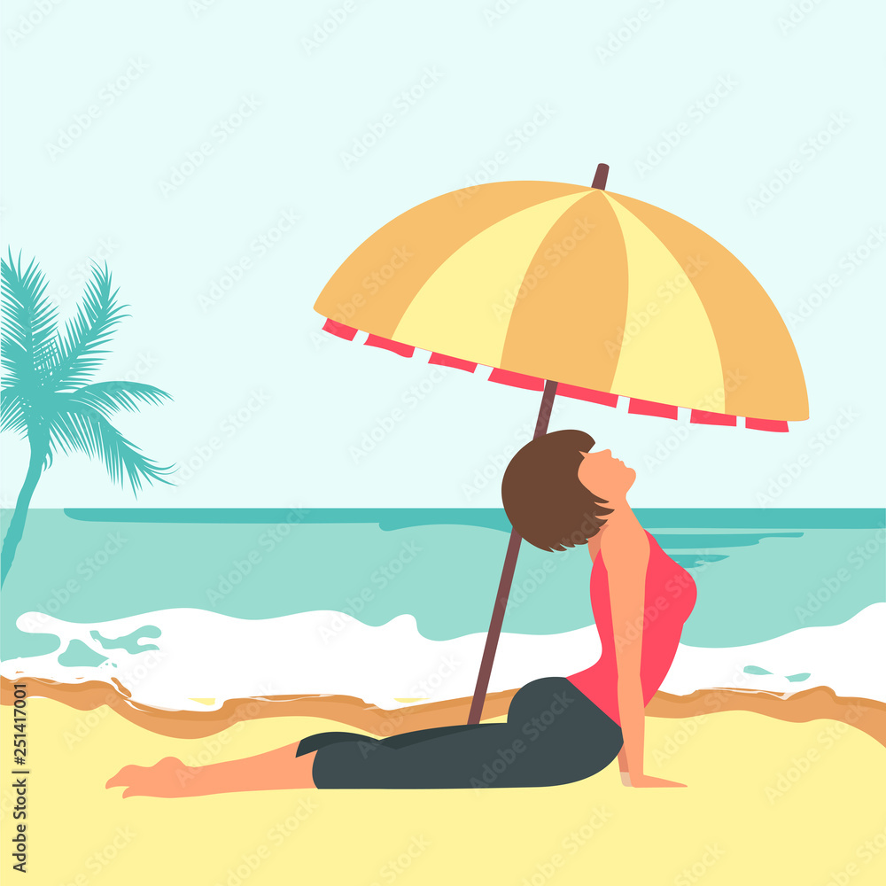 Woman sitting on beach. Concept for vacation, holiday and travel. Summer time. Woman doing yoga on the beach. Flat vector illustration