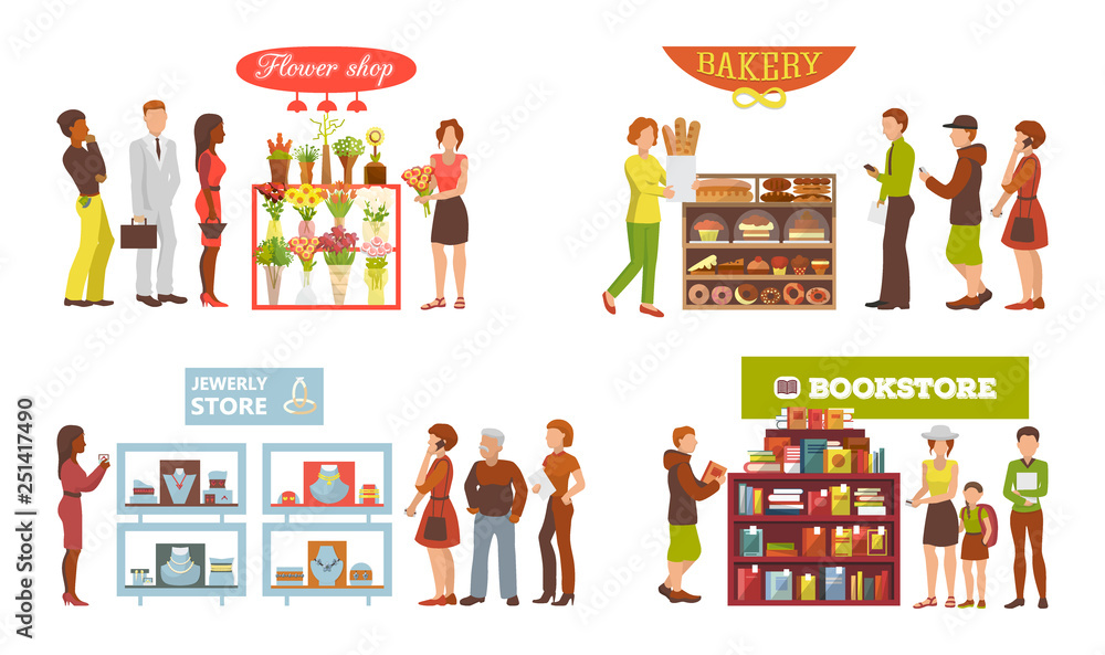 Obraz premium Shop window vector showwindow of book store flower-shop and window-case of bakery illustration set of jewelery frontstore showcase isolated on white background