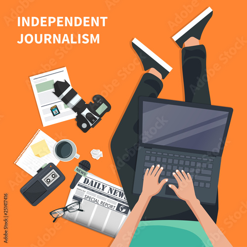 Independent journalism flat banner. Equipment for journalist. Man sitting on the floor and holding lap top in his lap. Flat vector illustration photo