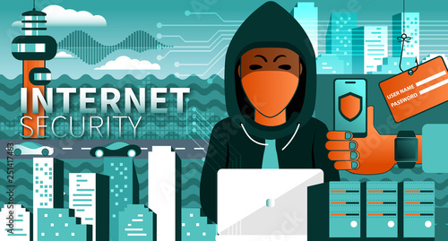 Internet security modern concept. Criminal illustration of hacker coding bug to hack a block-chain network. Flat vector illustration