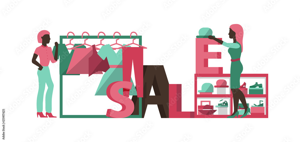 Sale vector women character selling clothes and fashion shop offer discount  illustration backdrop of clolthing store shop-window advertising background  Stock Vector