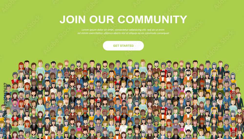 Join our community. Crowd of united people as a business or creative community standing together. Flat concept vector website template and landing page design for invitation to summit or conference - obrazy, fototapety, plakaty 