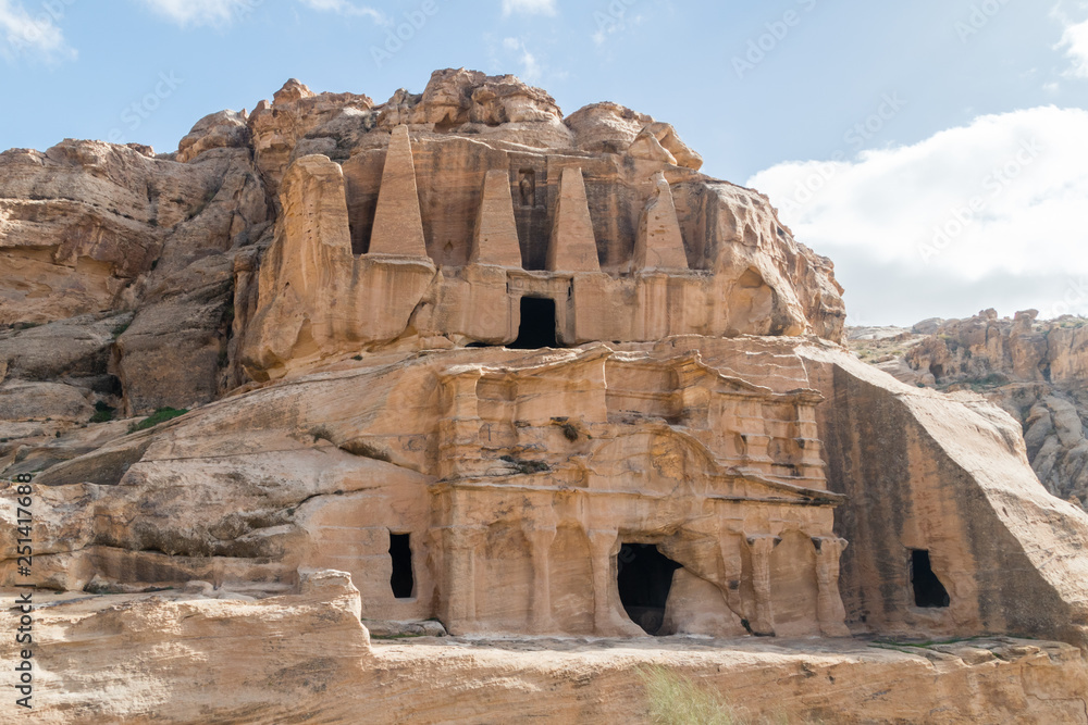 Obelisk Tomb or Bab As Siq Triclinium in Petra, Jordan. Petra is one of the New Seven Wonders of the World.