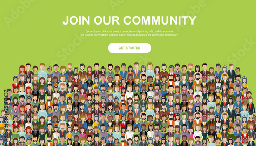 Join our community. Crowd of united people as a business or creative community standing together. Flat concept vector website template and landing page design for invitation to summit or conference