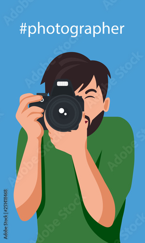 Happy photographer is taking a photo. Hashtag photographer concept. Flat vector illustration