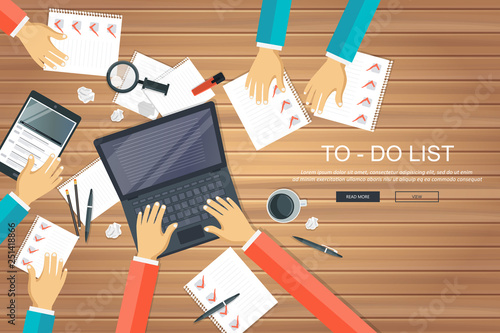To do list concept. Office work desk with equipment and bunch of papers with red marks. Flat vector illustration