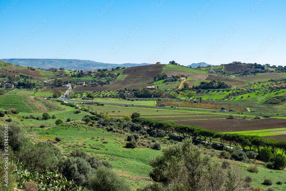 Scenic landscape of Sicily. Sicilian countryside landscape with hills.