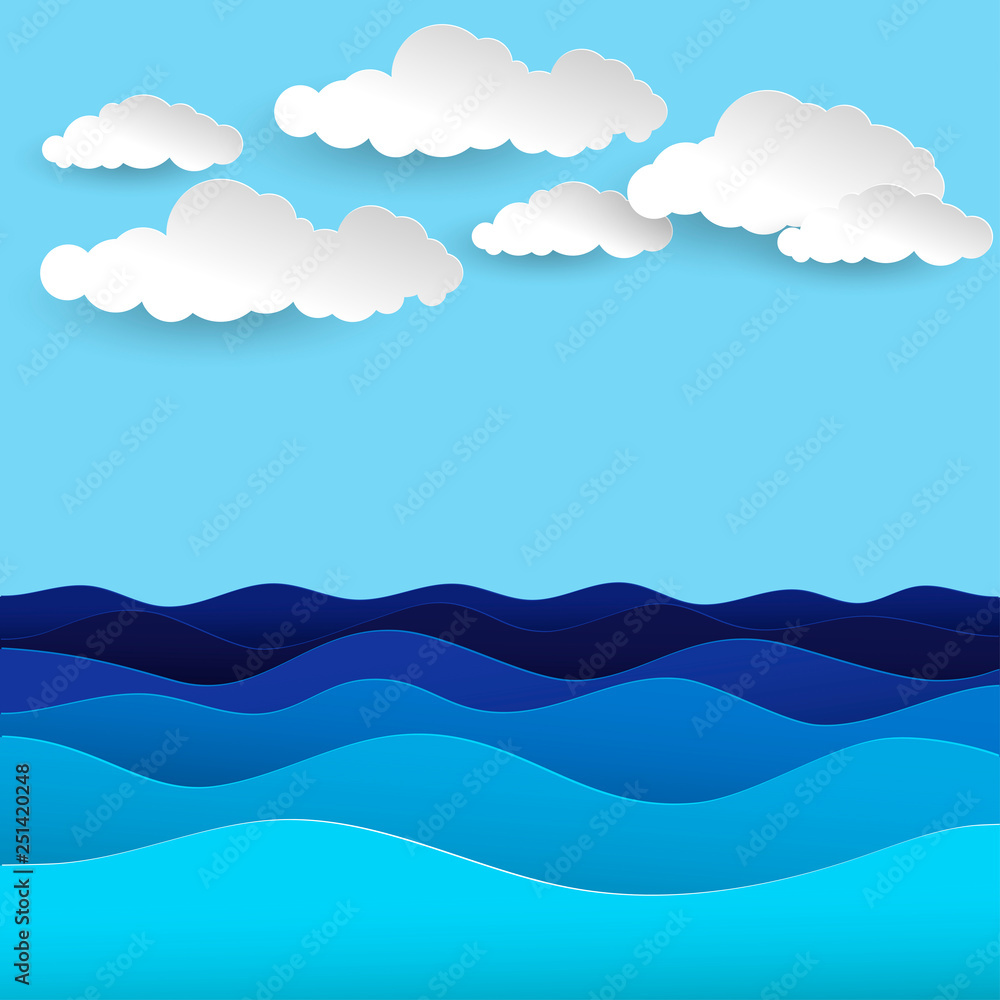 Blue sea waves. White, air clouds. Paper art style of cover design.  Paper cut out style vector illustration.
