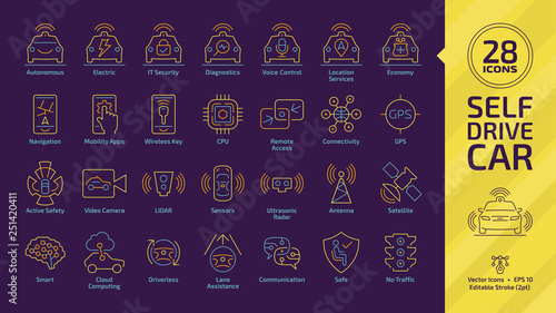 Self drive intelligent yellow car color editable stroke thin outline icon on a dark violet background set with driverless autonomous sensor smart vehicle, automated transport colorful line pictogram.