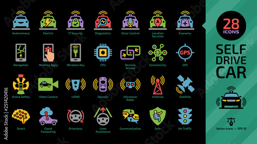 Self drive intelligent car color glyph icon on a black background set with driverless autonomous sensor smart vehicle, automated transport, modern safety technology colorful pictogram.