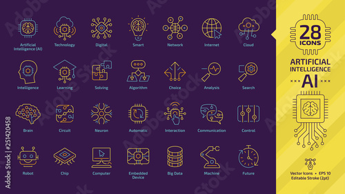 Vector artificial intelligence editable stroke thin outline icon set on a dark violet background with machine learning, smart robotic tech and network digital AI technology colorful line pictogram.