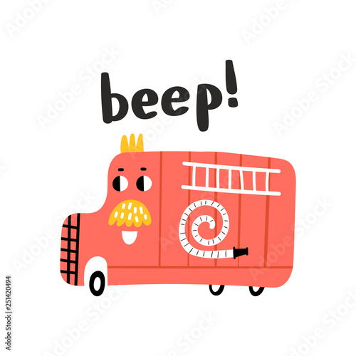 Red fire truck. Vector cartoon illustration.