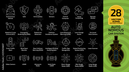Vector autonomous self drive car sensor control system editable stroke outline icon set on a black background. Driverless vehicle advanced assistance remote technology with radar thin line pictogram.