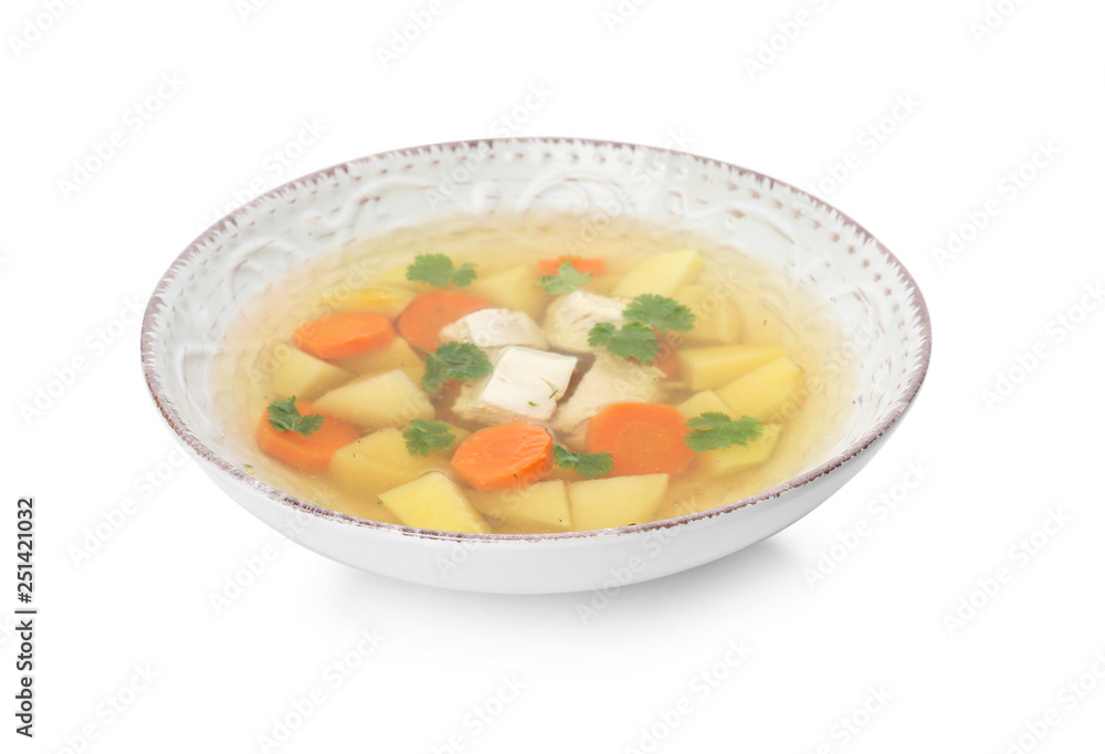 Dish with fresh homemade chicken soup on white background Dish with fresh homemade chicken soup on white background