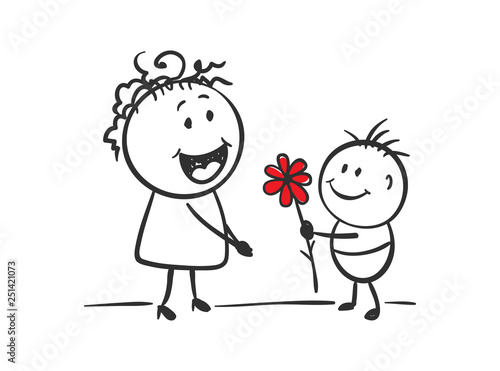 Congratulation. Vector illustration, funny men, child gives mom a flower.