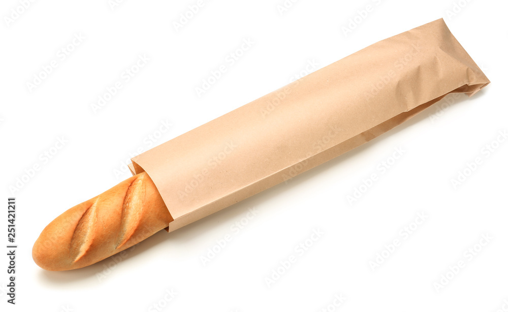 Paper bag with baguette on white background. Space for design Paper bag with baguette on white background. Space for design