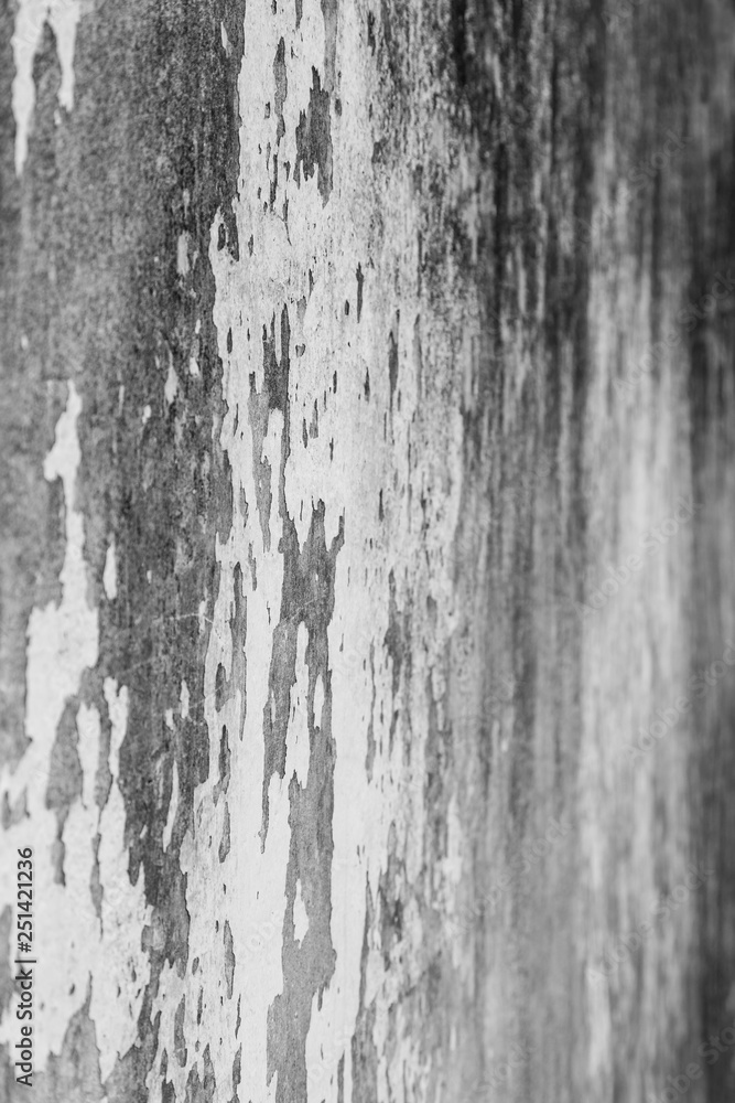 Side view of a weathered and old gray concrete wall in black and white. Plaster is partly peeled off. Selective focus, shallow depth of field. Side view of a weathered and old gray concrete wall in black and white. Plaster is partly peeled off. Selective focus, shallow depth of field.